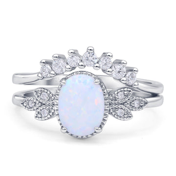 Vintage Style Band Oval Piece Bridal Set Ring Lab Created White Opal 925 Sterling Silver Wholesale